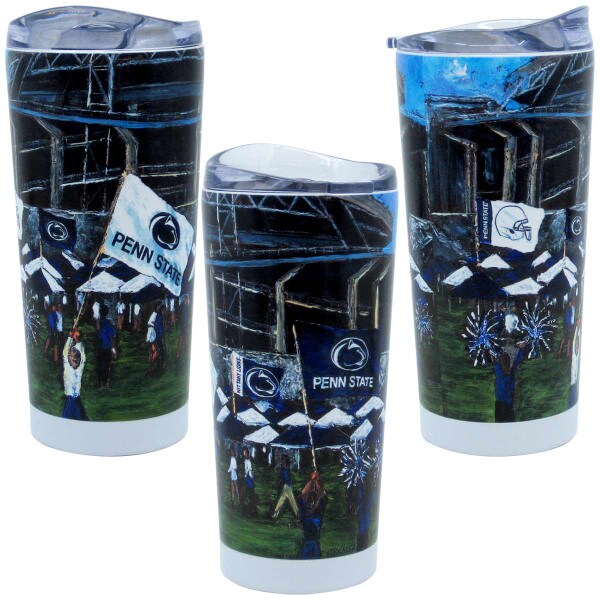 3 views of tumbler with Penn State tailgate art